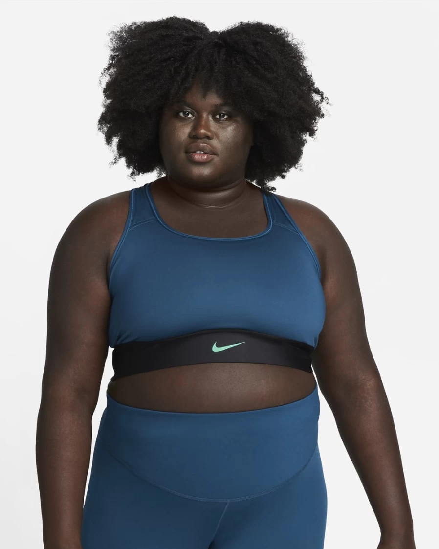 Nike Swoosh Women's Plus Size Medium-Support Longline Sports Bra in Valerian Blue, Black & Green Glow - 1-Piece Padded Design
