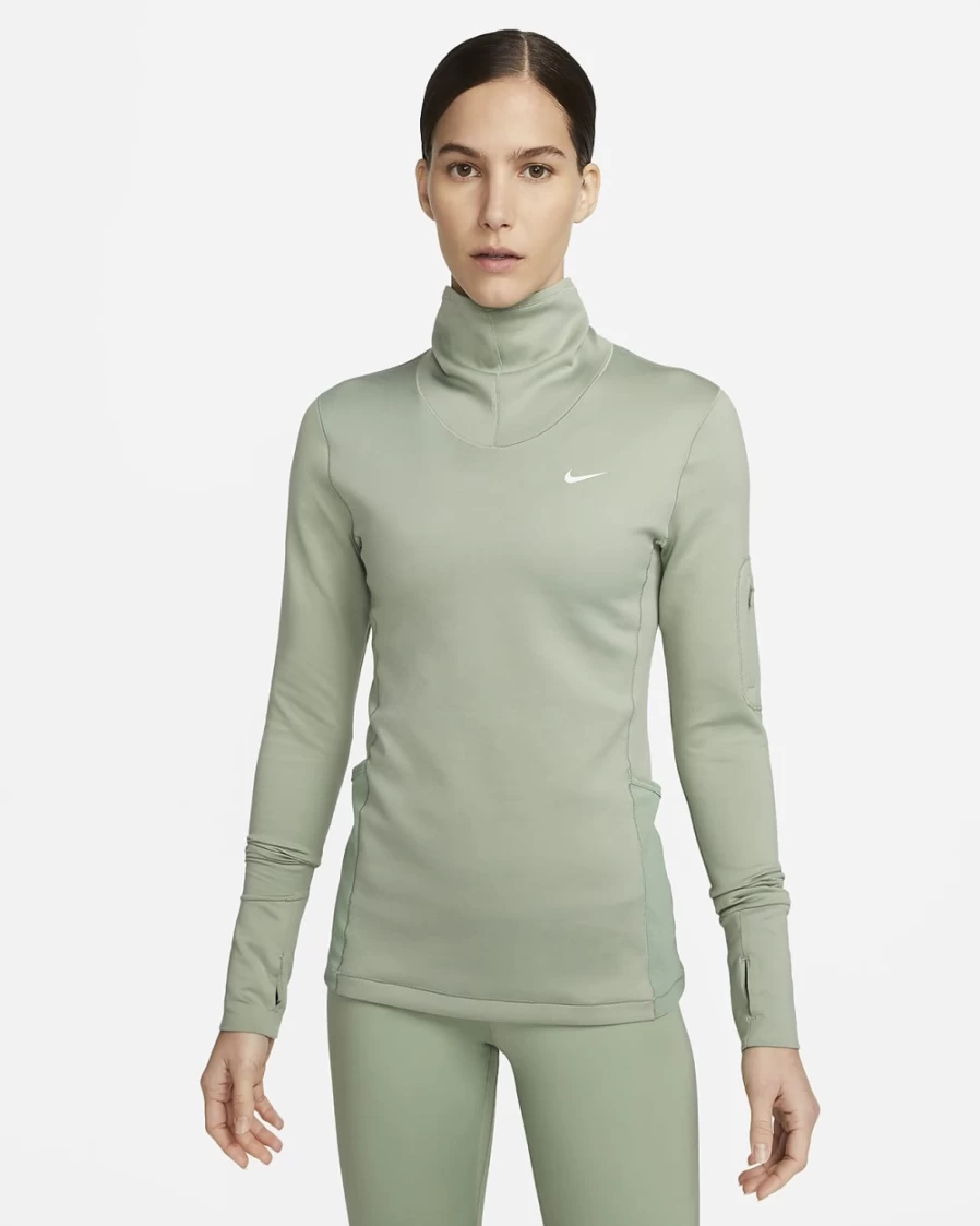 Nike Women's Pro Therma-FIT Long-Sleeve Top - Jade Smoke/White - Thermal Workout Shirt