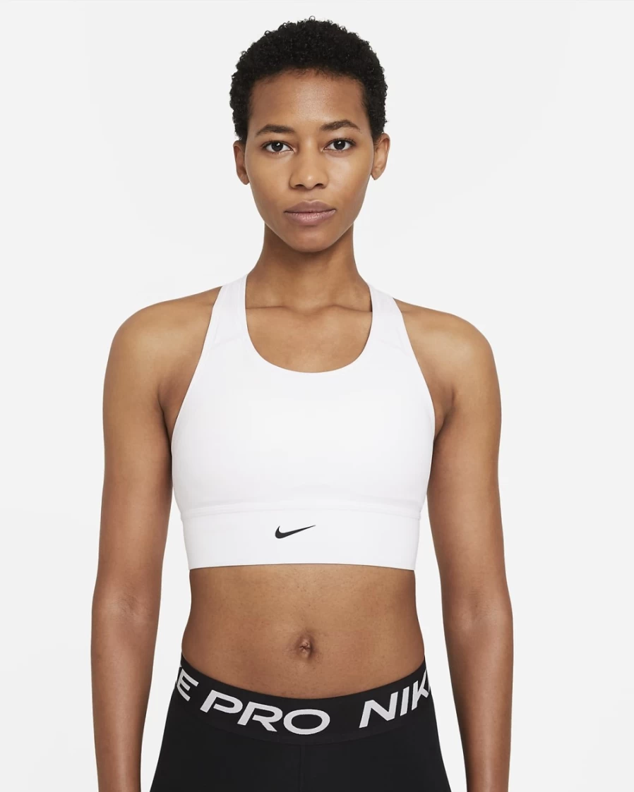 Nike Women's White/Black Medium-Support Longline Sports Bra with Swoosh Design and Padded Comfort