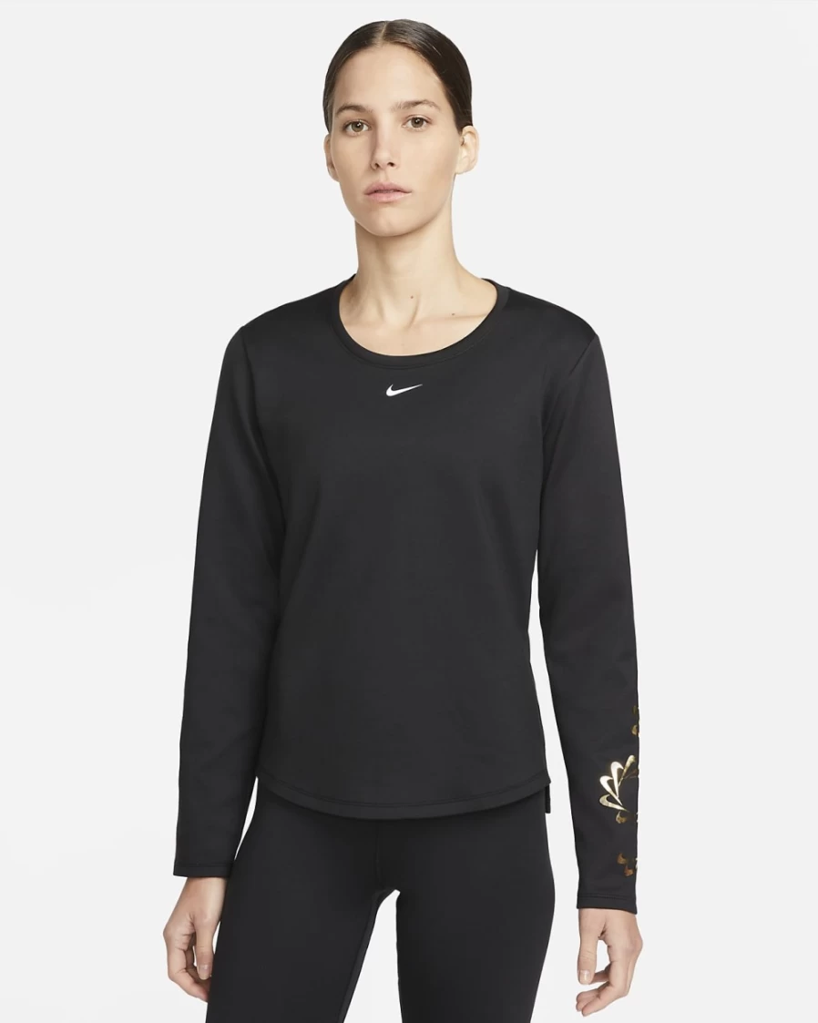 Nike Therma-FIT One Women's Long-Sleeve Graphic T-Shirt - Black/Photon Dust/White - Thermal Workout Top