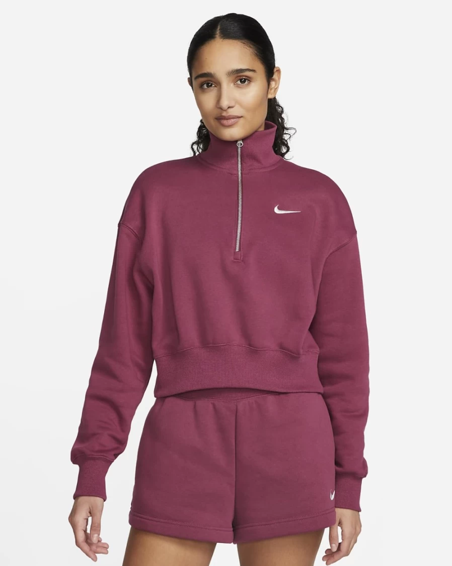 Nike Women's Rosewood/Sail Oversized Phoenix Fleece 1/2-Zip Crop Sweatshirt | Sportswear Top