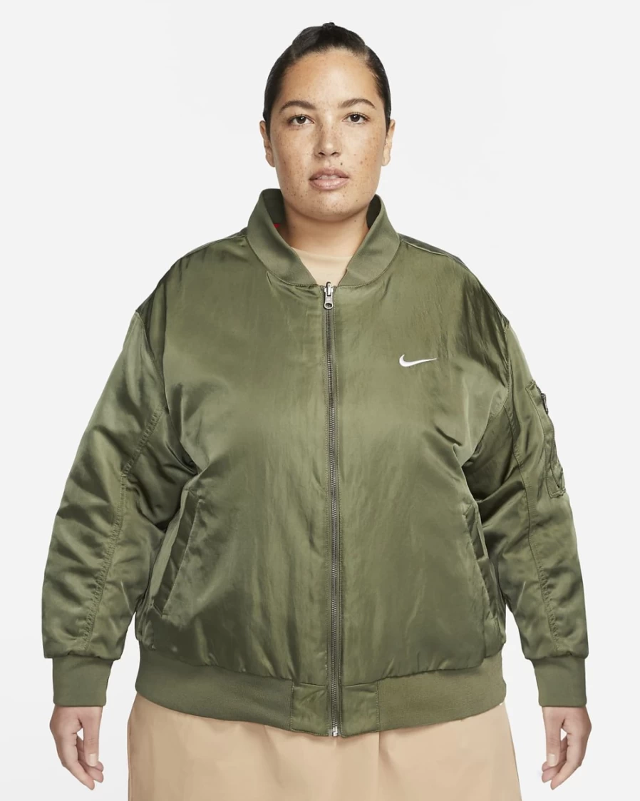 Nike Women's Reversible Bomber Jacket - Medium Olive/Safety Orange/White - Plus Size Varsity Sportswear