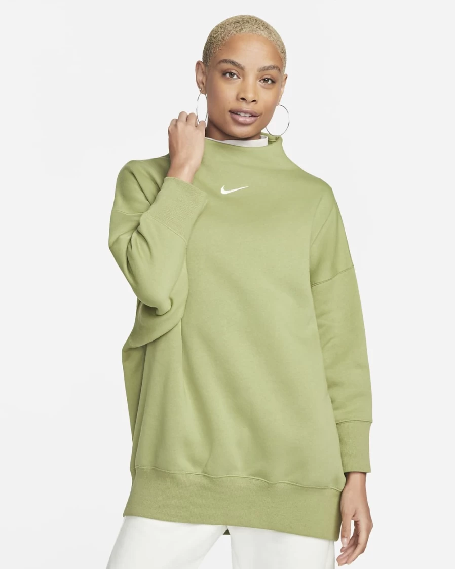 Nike Women's Alligator/Sail Phoenix Fleece Oversized Mock Neck 3/4 Sleeve Sweatshirt