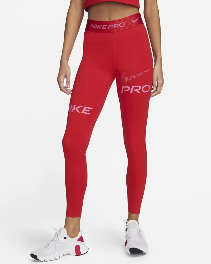 Nike Pro Women's Training Leggings - Mid-Rise, Full-Length, Graphic Design in University Red, Gym Red, Pinksicle