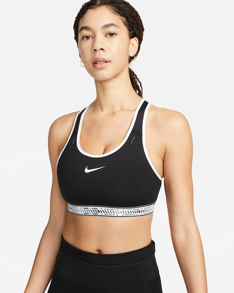 Nike Women's Swoosh On The Run Medium-Support Lightly Lined Sports Bra with Pockets - Black/White