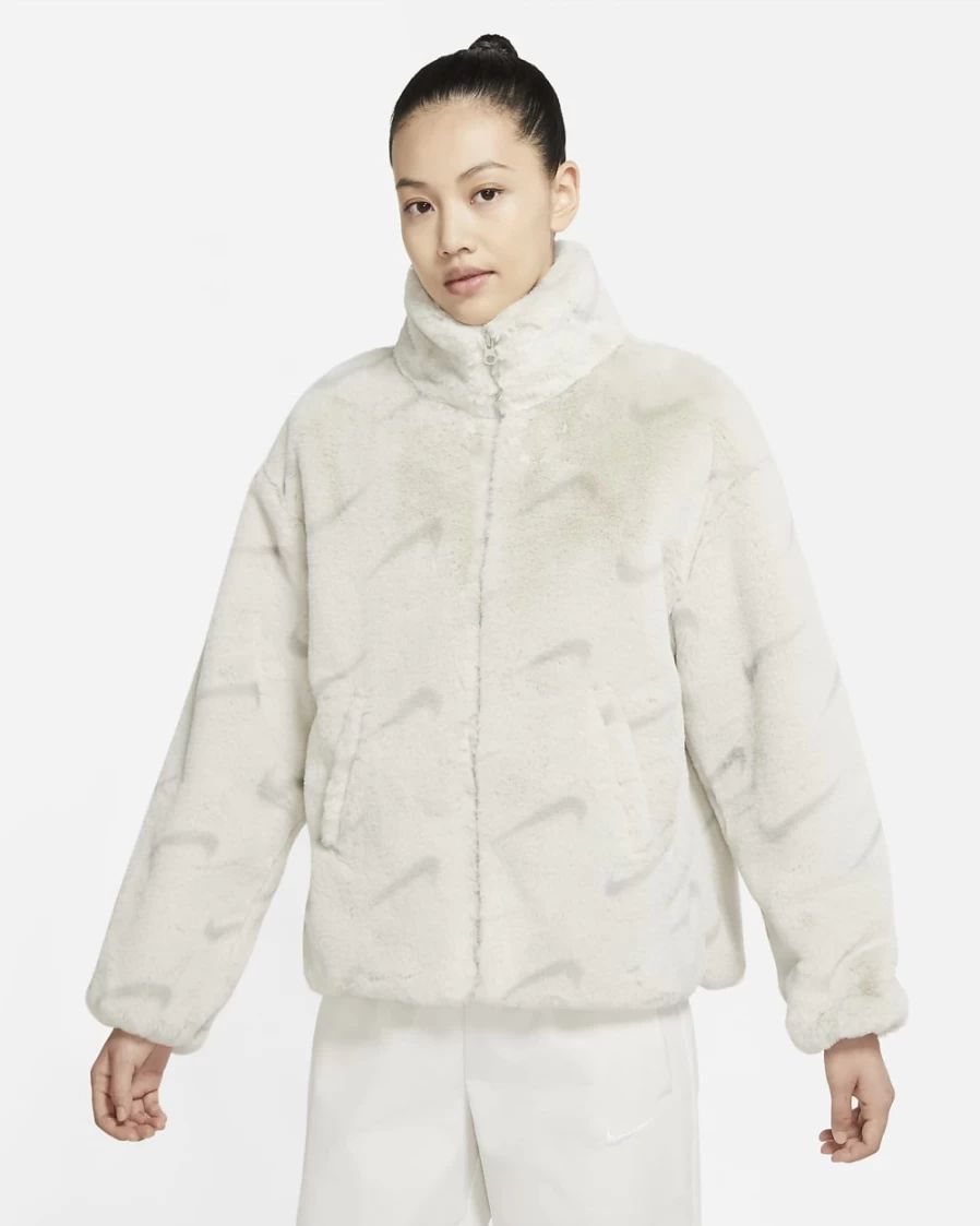 Nike Women's Light Bone Faux Fur Jacket - Plush Printed Winter Coat - Sportswear Collection
