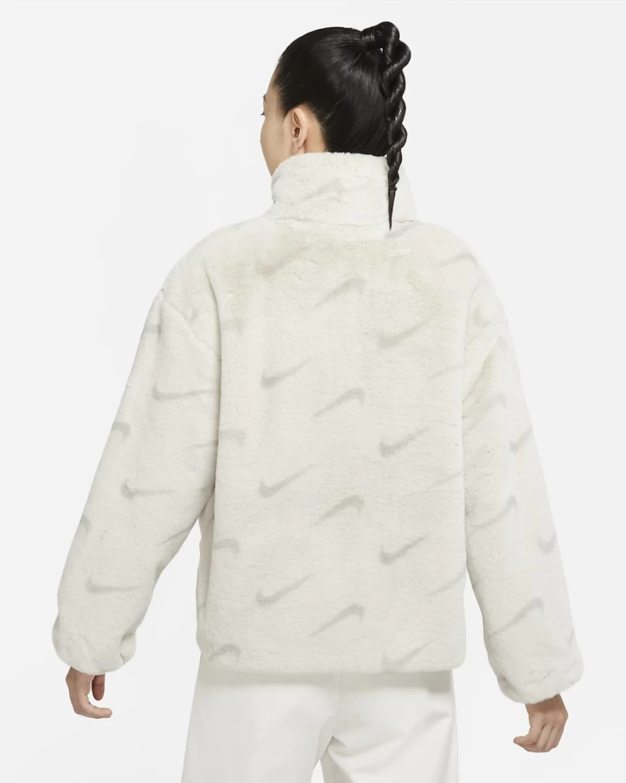 Nike Women's Light Bone Faux Fur Jacket - Plush Printed Winter Coat - Sportswear Collection