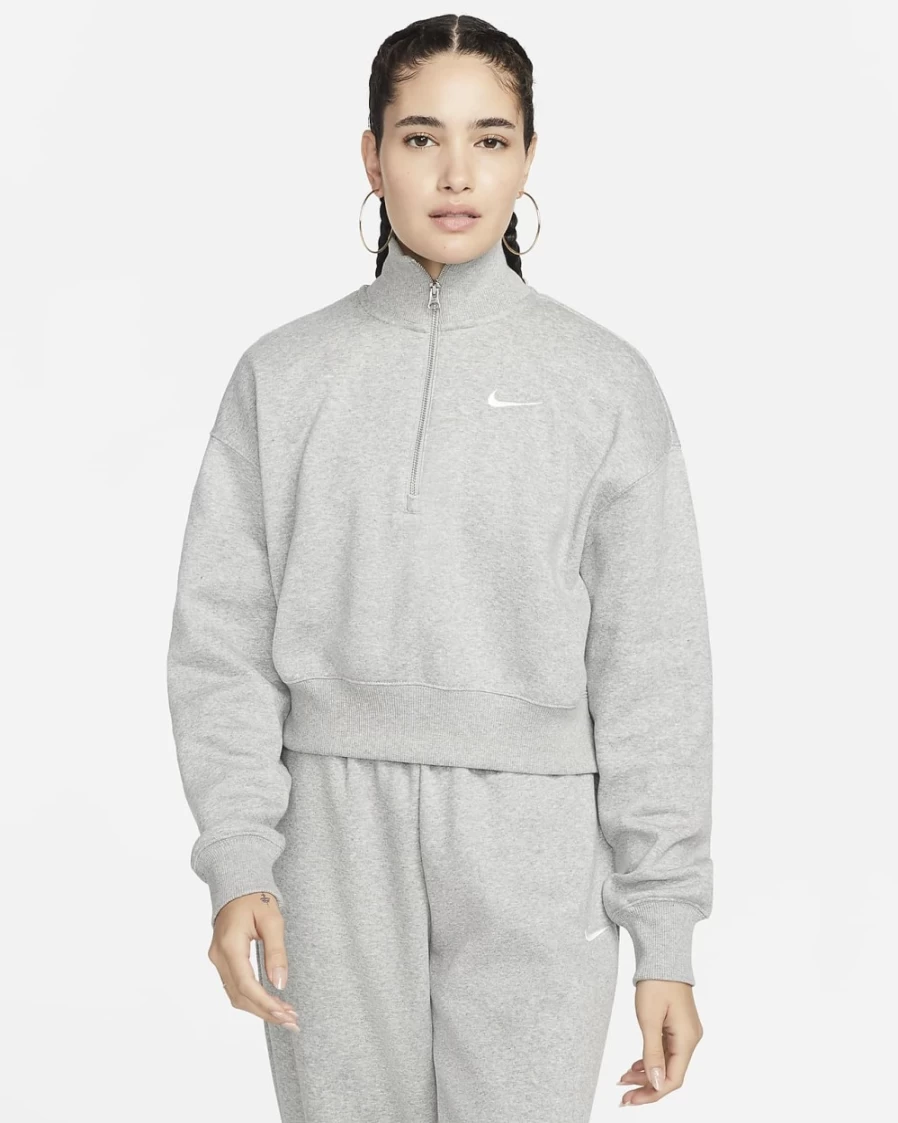 Nike Women's Dark Grey Heather Oversized Phoenix Fleece 1/2-Zip Crop Sweatshirt | Sail Trim