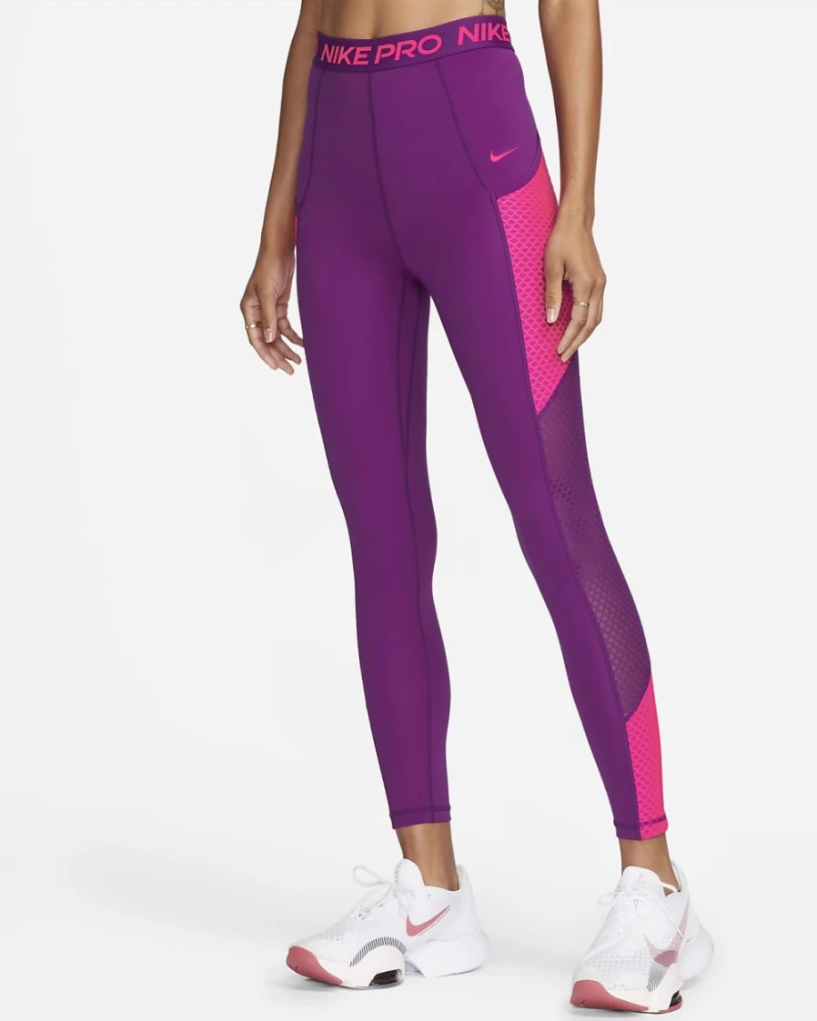 Nike Pro Women's High-Waisted 7/8 Leggings with Pockets - Viotech/Hyper Pink Fitness Yoga Running Workout Tights