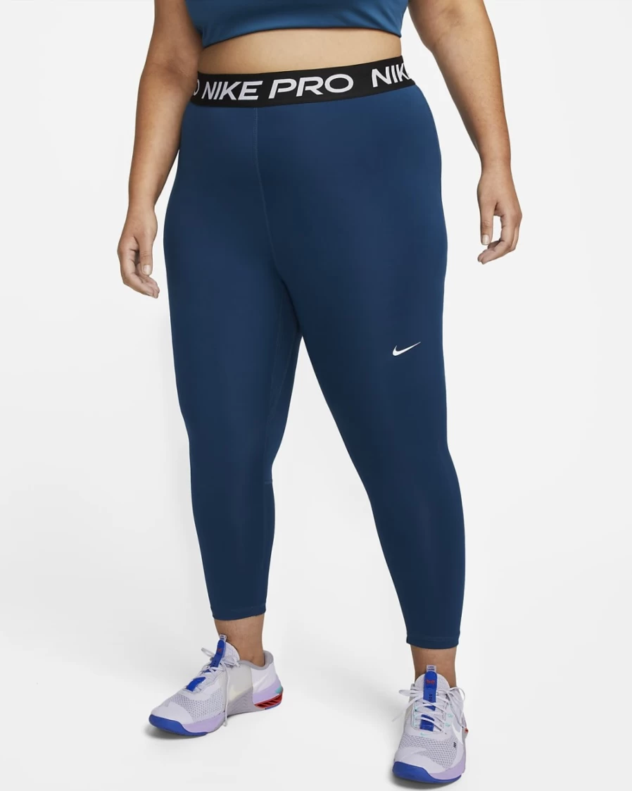 Nike Pro Women's Mid-Rise Crop Leggings - Plus Size Workout Leggings in Valerian Blue, Black & White