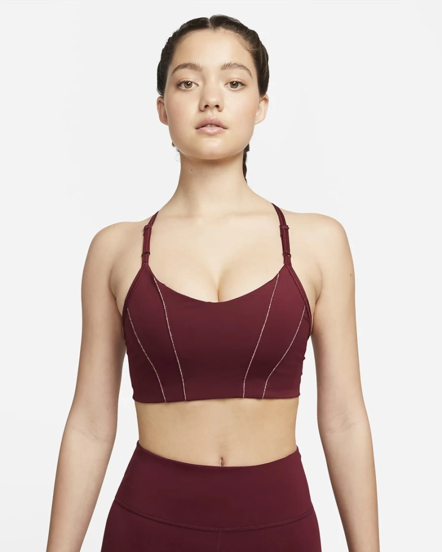 Nike Women's Light-Support Yoga Indy Sports Bra - Dark Beetroot/Night Maroon, Padded Metallic Tape Design