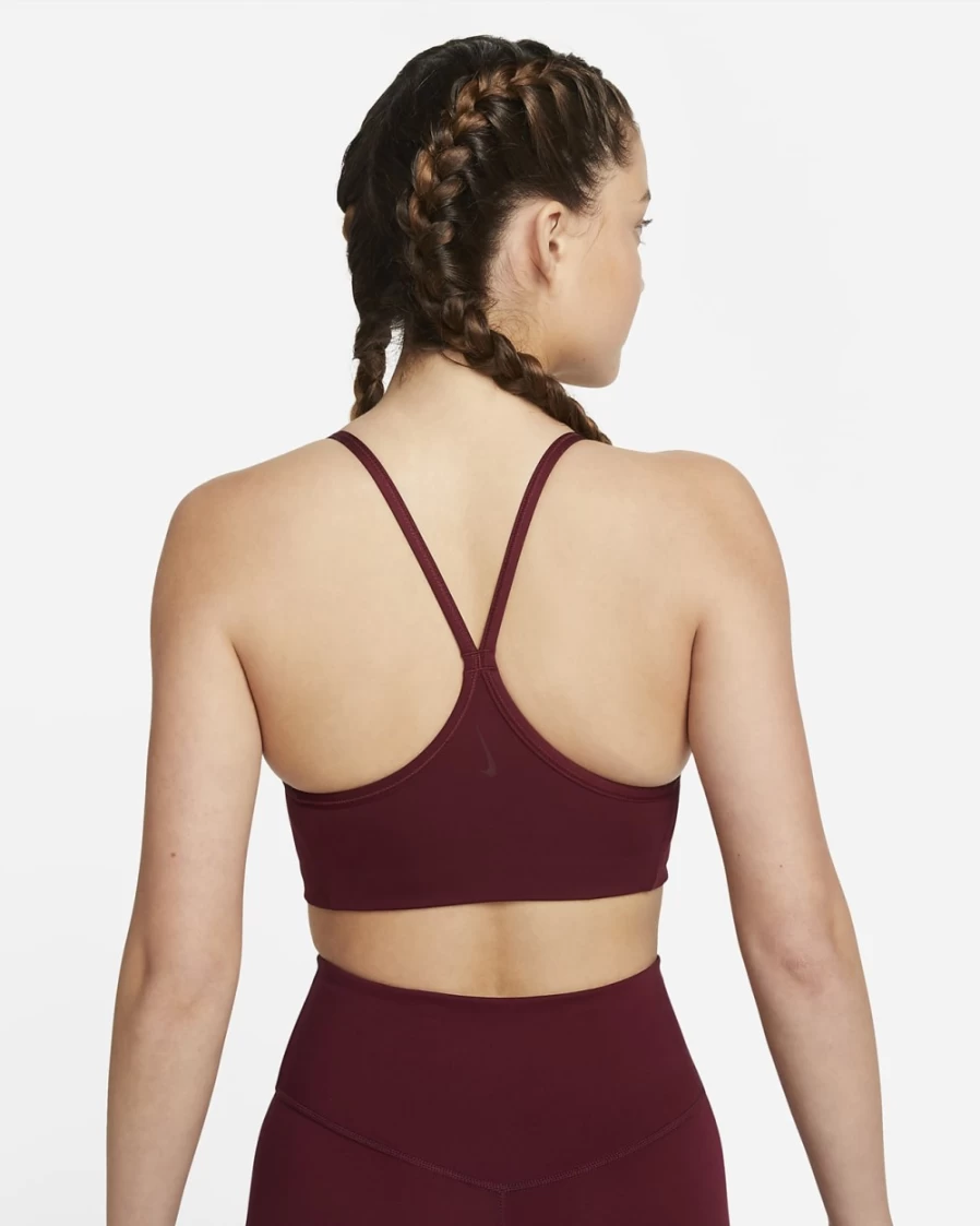 Nike Women's Light-Support Yoga Indy Sports Bra - Dark Beetroot/Night Maroon, Padded Metallic Tape Design