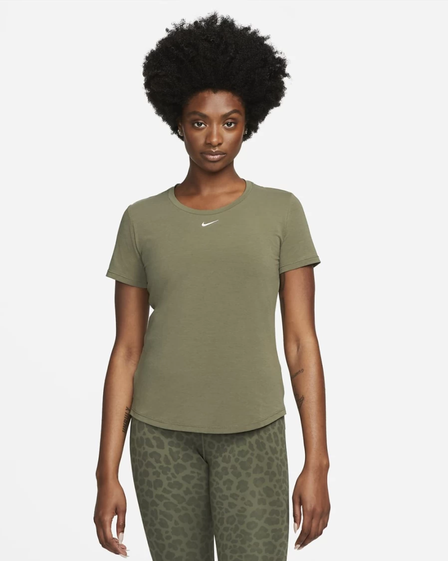 Nike Dri-FIT UV One Luxe Women's Standard Fit Short-Sleeve Top in Medium Olive | Moisture-Wicking & Sun Protection