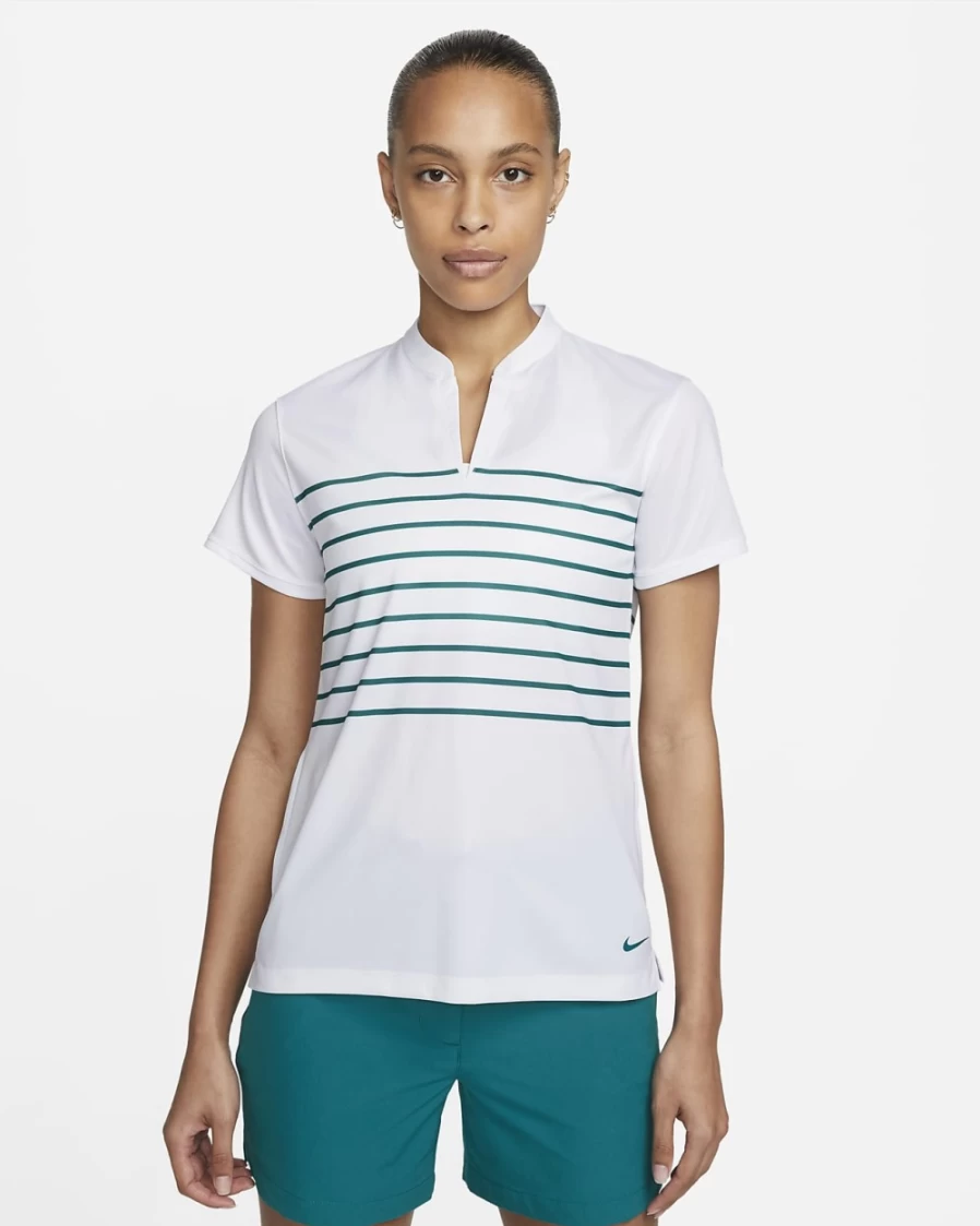 Nike Dri-FIT Victory Women's Golf Polo - White & Bright Spruce Striped Performance Shirt