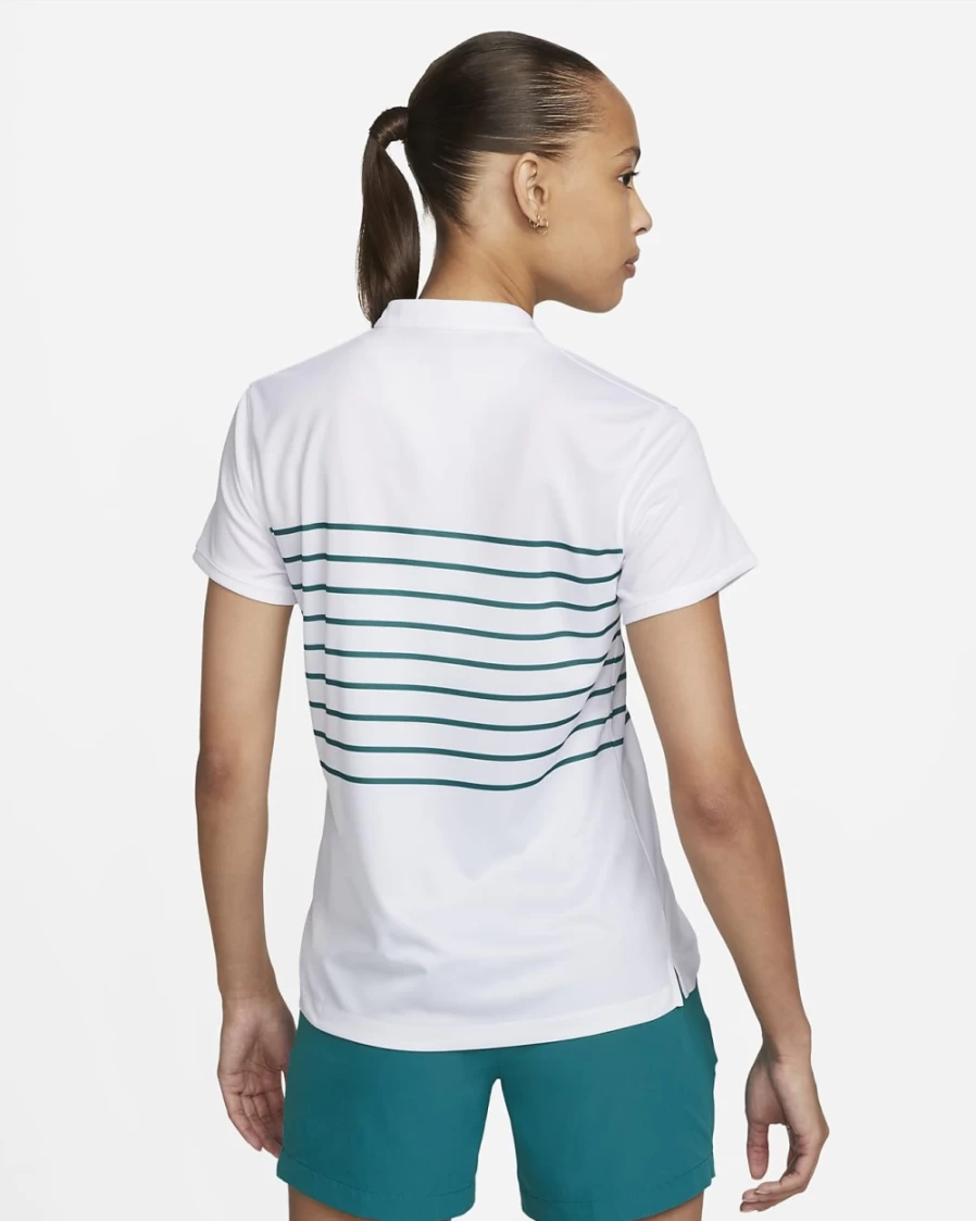 Nike Dri-FIT Victory Women's Golf Polo - White & Bright Spruce Striped Performance Shirt