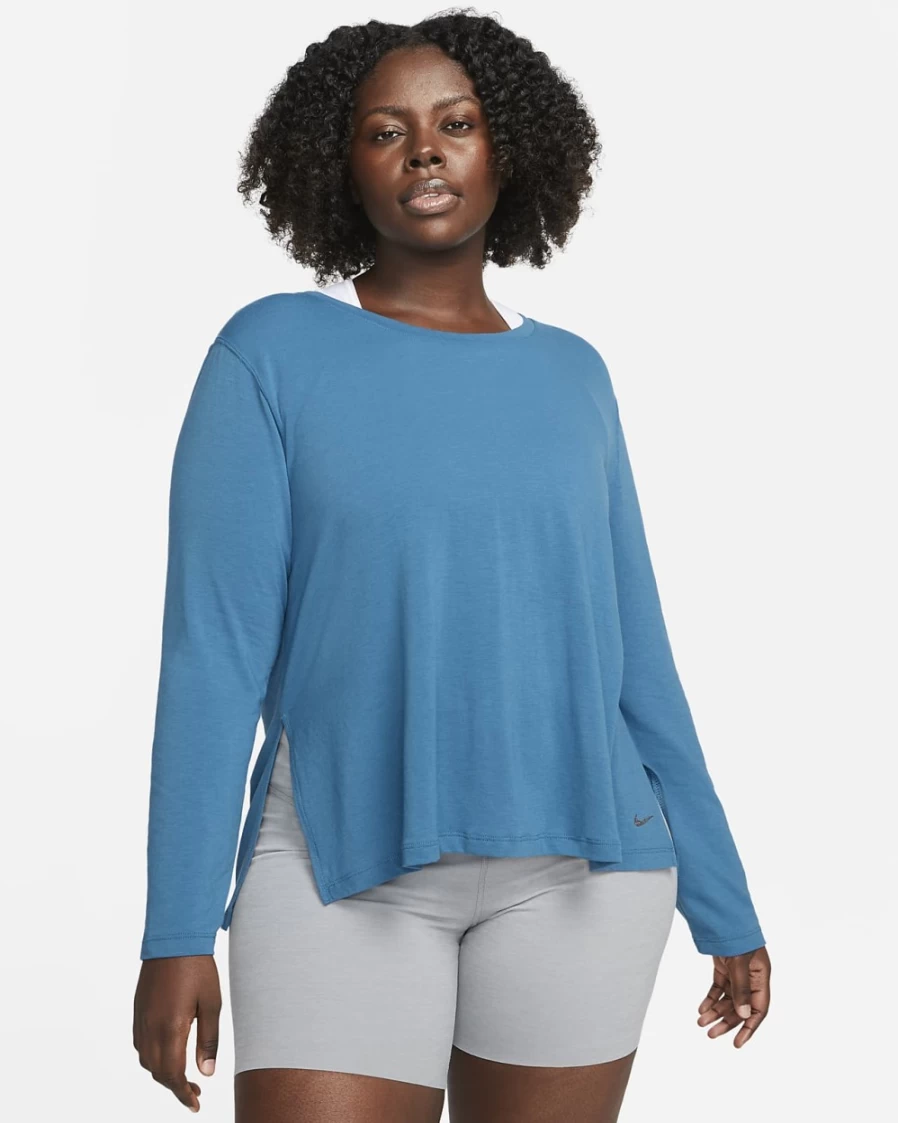 Nike Dri-FIT Yoga Long-Sleeve Top for Women - Dark Marina Blue & Iron Grey - Plus Size Activewear