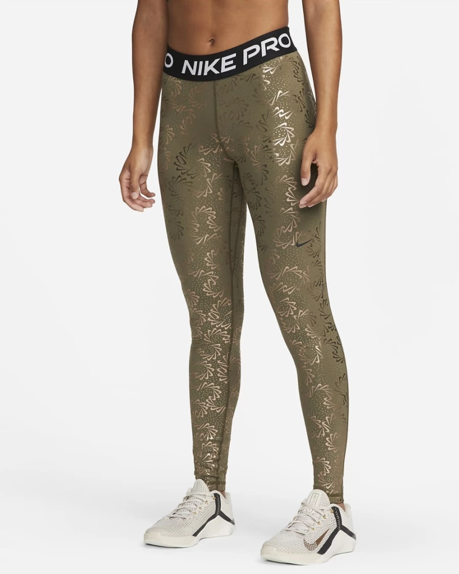 Nike Pro Women's Medium Olive/Black Mid-Rise Allover Print Leggings - High-Waisted Workout Tights for Training & Gym