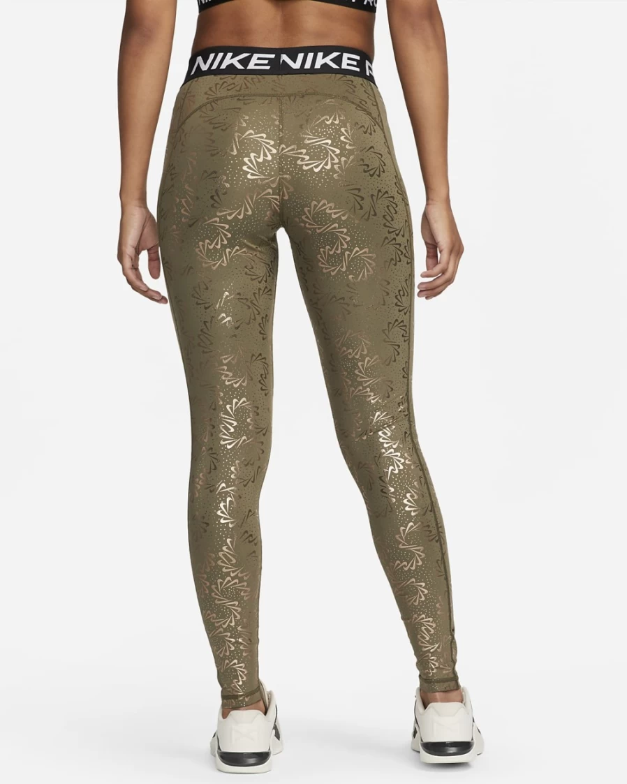 Nike Pro Women's Medium Olive/Black Mid-Rise Allover Print Leggings - High-Waisted Workout Tights for Training & Gym