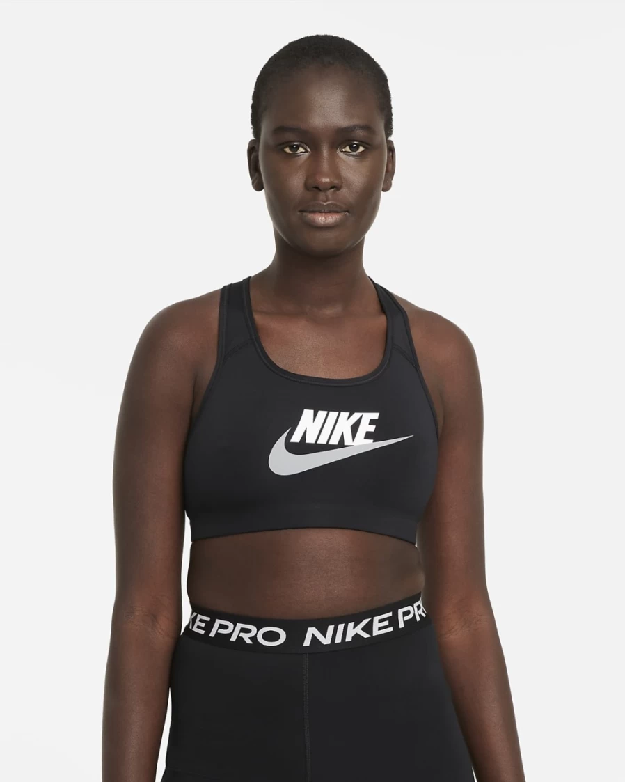 Nike Swoosh Women's Medium-Support Sports Bra - Black, White, Particle Grey Graphic Design