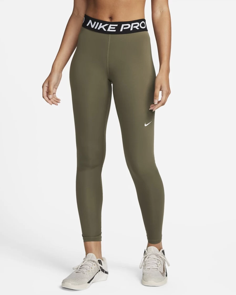 Nike Pro Women's Mid-Rise Mesh-Paneled Leggings in Medium Olive, Black & White - High-Performance Workout Leggings