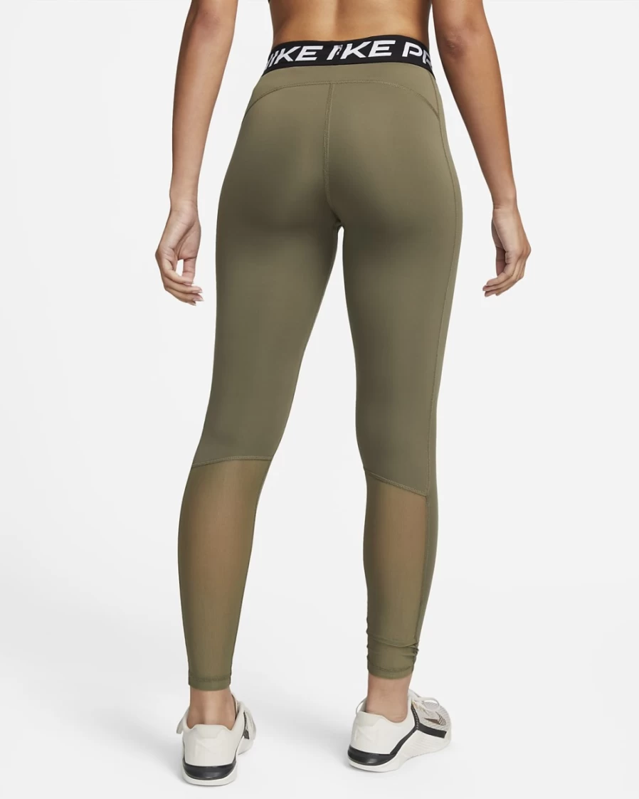 Nike Pro Women's Mid-Rise Mesh-Paneled Leggings in Medium Olive, Black & White - High-Performance Workout Leggings