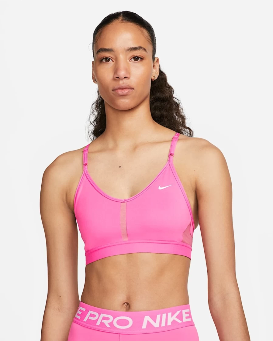 Nike Indy Women's Light-Support Padded V-Neck Sports Bra - Pinksicle/Desert Berry/White