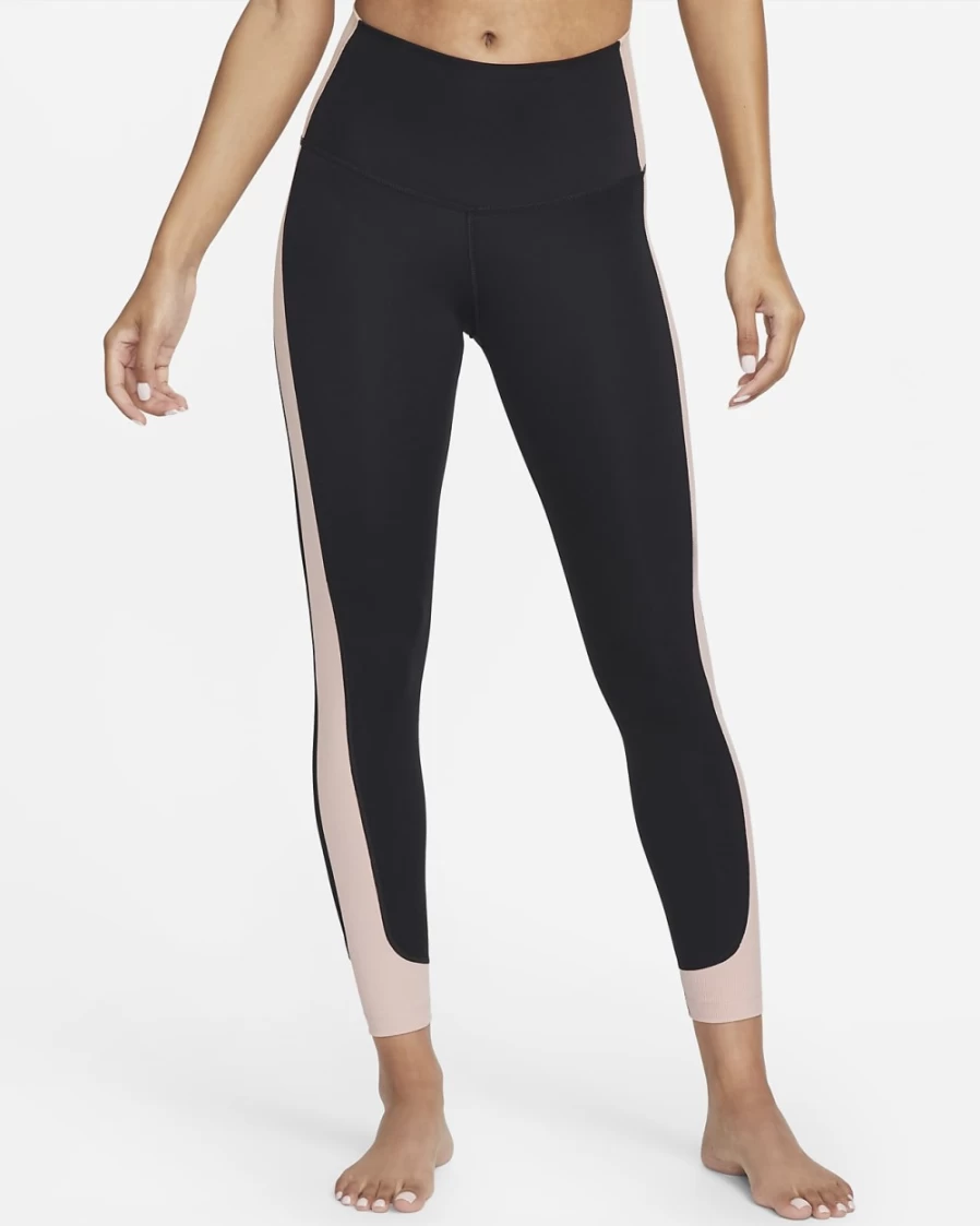 Nike Women's High-Waisted 7/8 Yoga Leggings with Ribbed Panels - Black/Pink Oxford