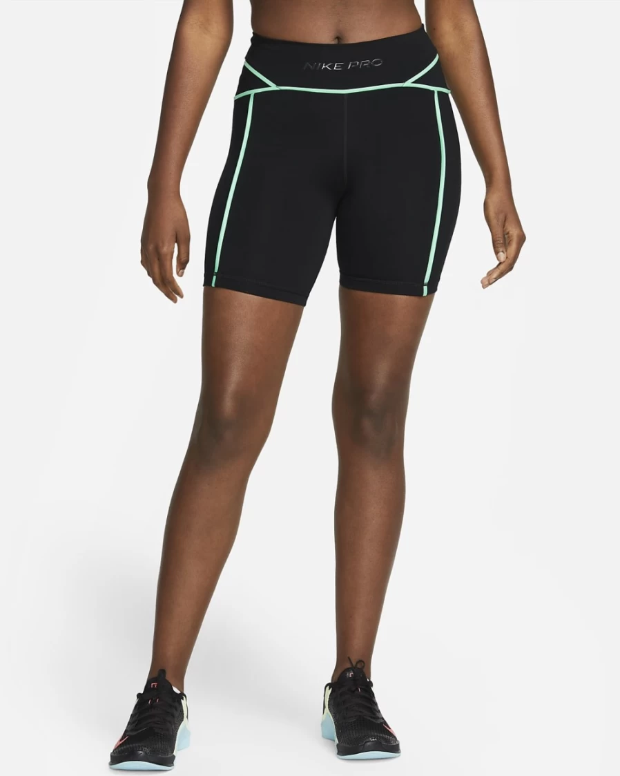 Nike Pro Women's Mid-Rise 7" Biker Shorts - Black, Green Glow, Dark Smoke Grey - High-Performance Workout Shorts