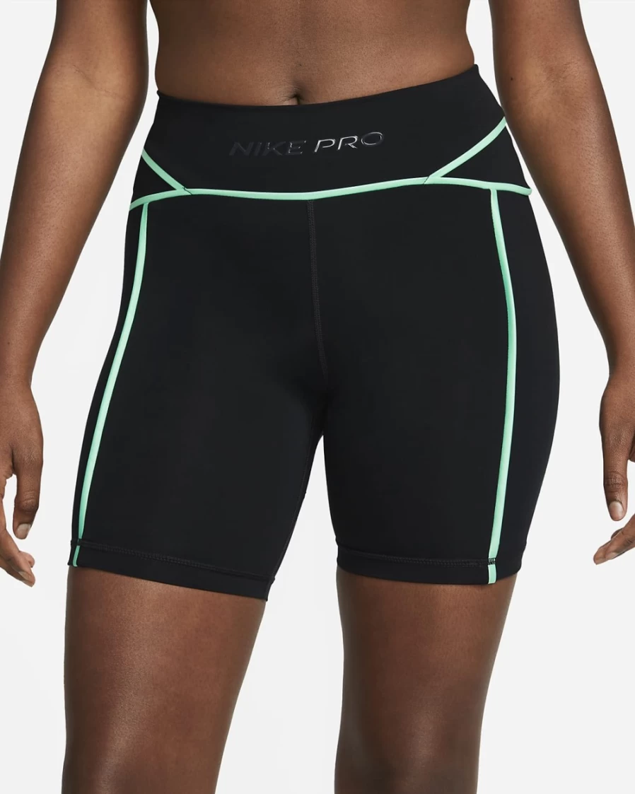 Nike Pro Women's Mid-Rise 7" Biker Shorts - Black, Green Glow, Dark Smoke Grey - High-Performance Workout Shorts