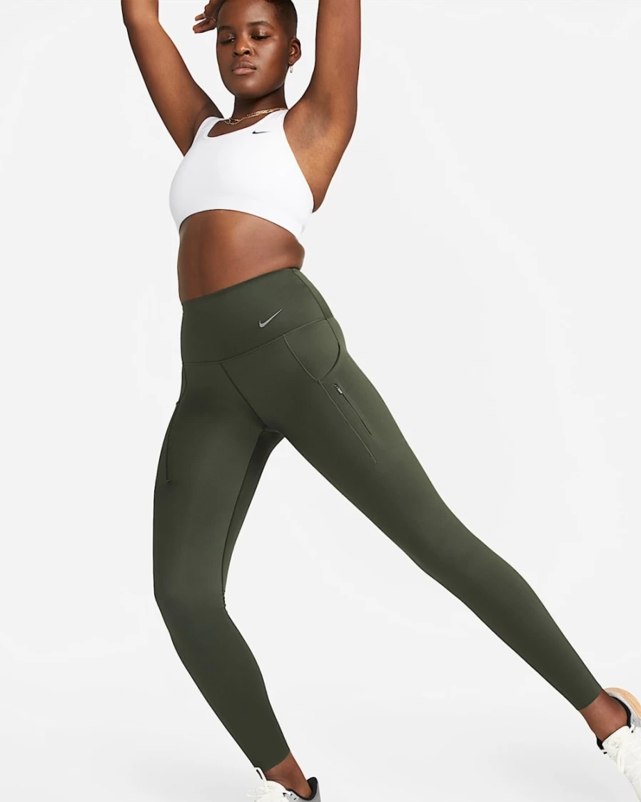 Nike Go Women's High-Waisted Firm-Support Leggings with Pockets - Cargo Khaki/Black Full-Length Workout Tights