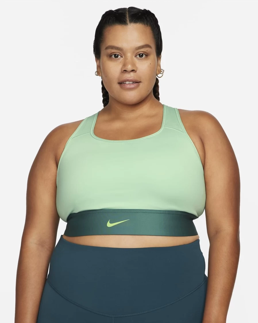 Nike Women's Medium-Support Longline Sports Bra - Enamel Green/Bicoastal/Ghost Green, Plus Size, Padded, 1-Piece Workout Top