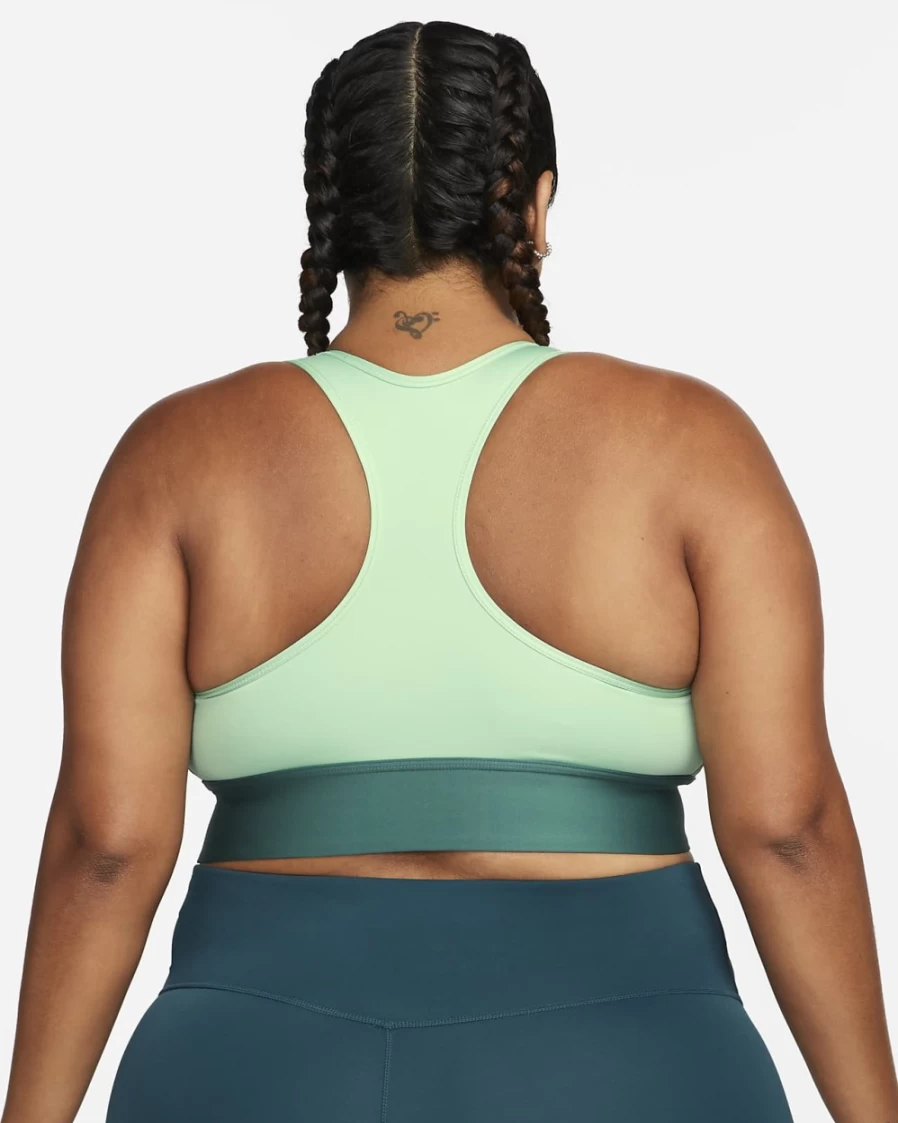 Nike Women's Medium-Support Longline Sports Bra - Enamel Green/Bicoastal/Ghost Green, Plus Size, Padded, 1-Piece Workout Top