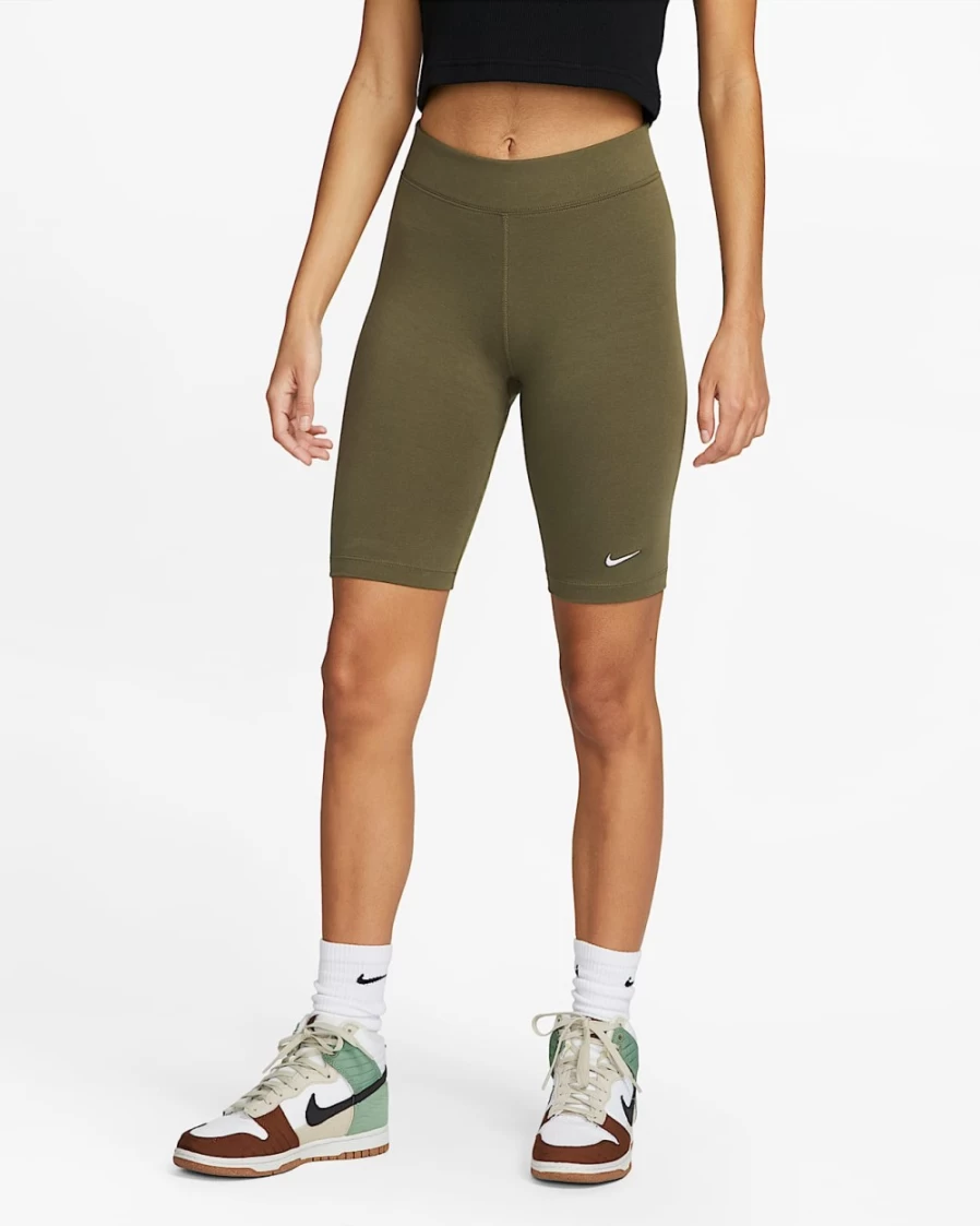 Nike Women's Medium Olive/White Mid-Rise Biker Shorts – Sportswear Essential Workout Shorts