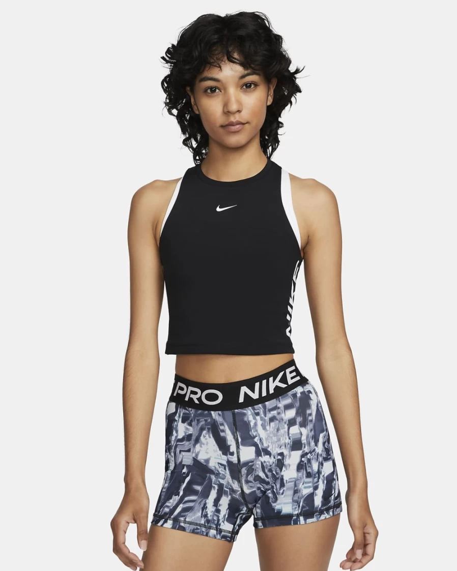 Nike Women's Black/White Dri-FIT Pro Cropped Graphic Tank Top