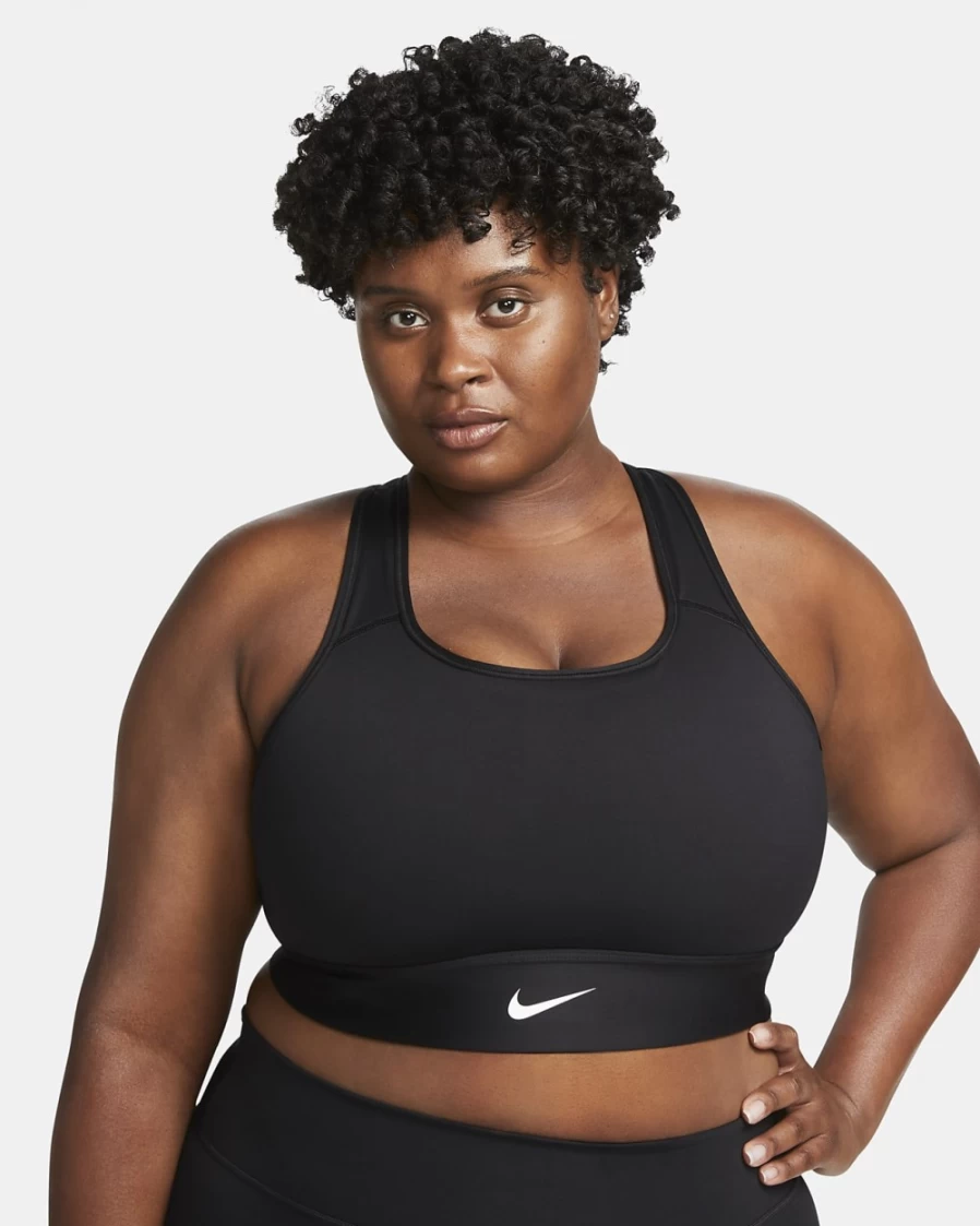 Nike Women's Medium-Support Longline Sports Bra - Plus Size Padded 1-Piece in Black/White Swoosh Design