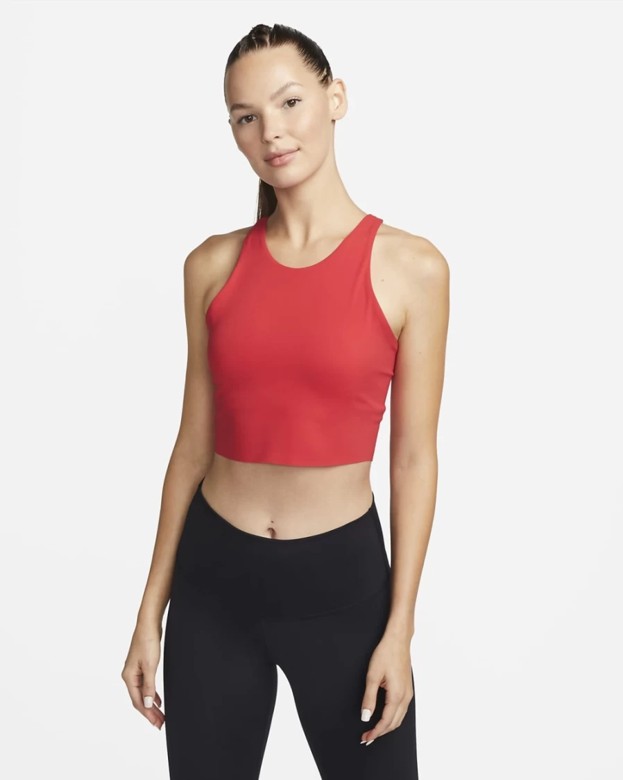 Nike Women's Dri-FIT Luxe Yoga Cropped Tank Top - University Red, Shelf-Bra Workout Shirt
