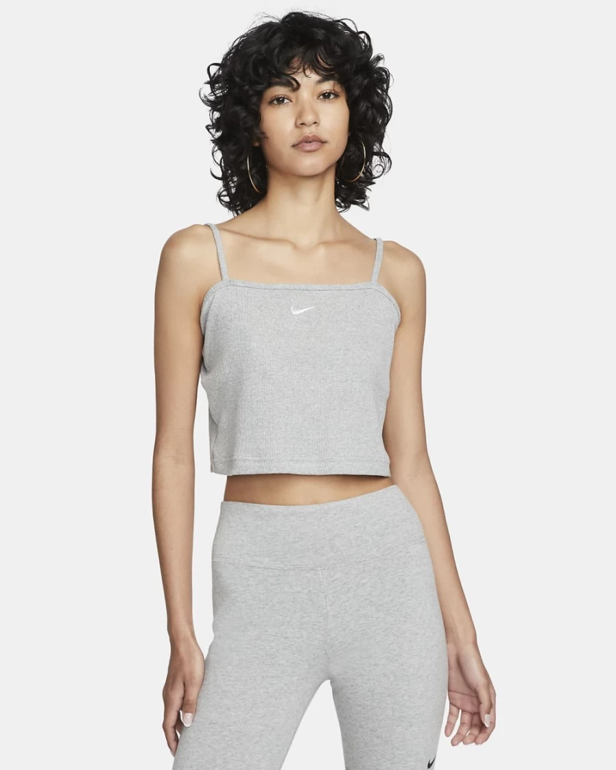 Nike Women's Dark Grey Heather/White Ribbed Crop Top - Sportswear Essential