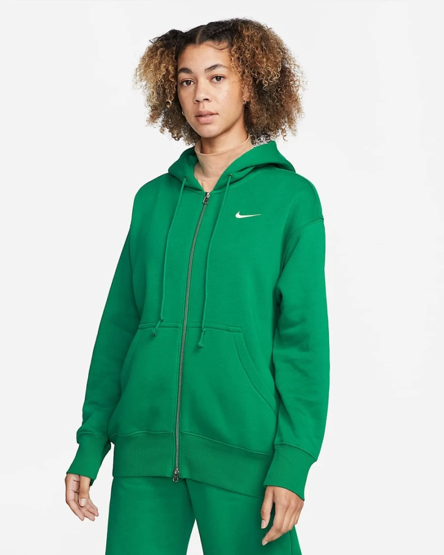 Nike Women's Malachite Green Oversized Full-Zip Fleece Hoodie - Phoenix Collection Sportswear