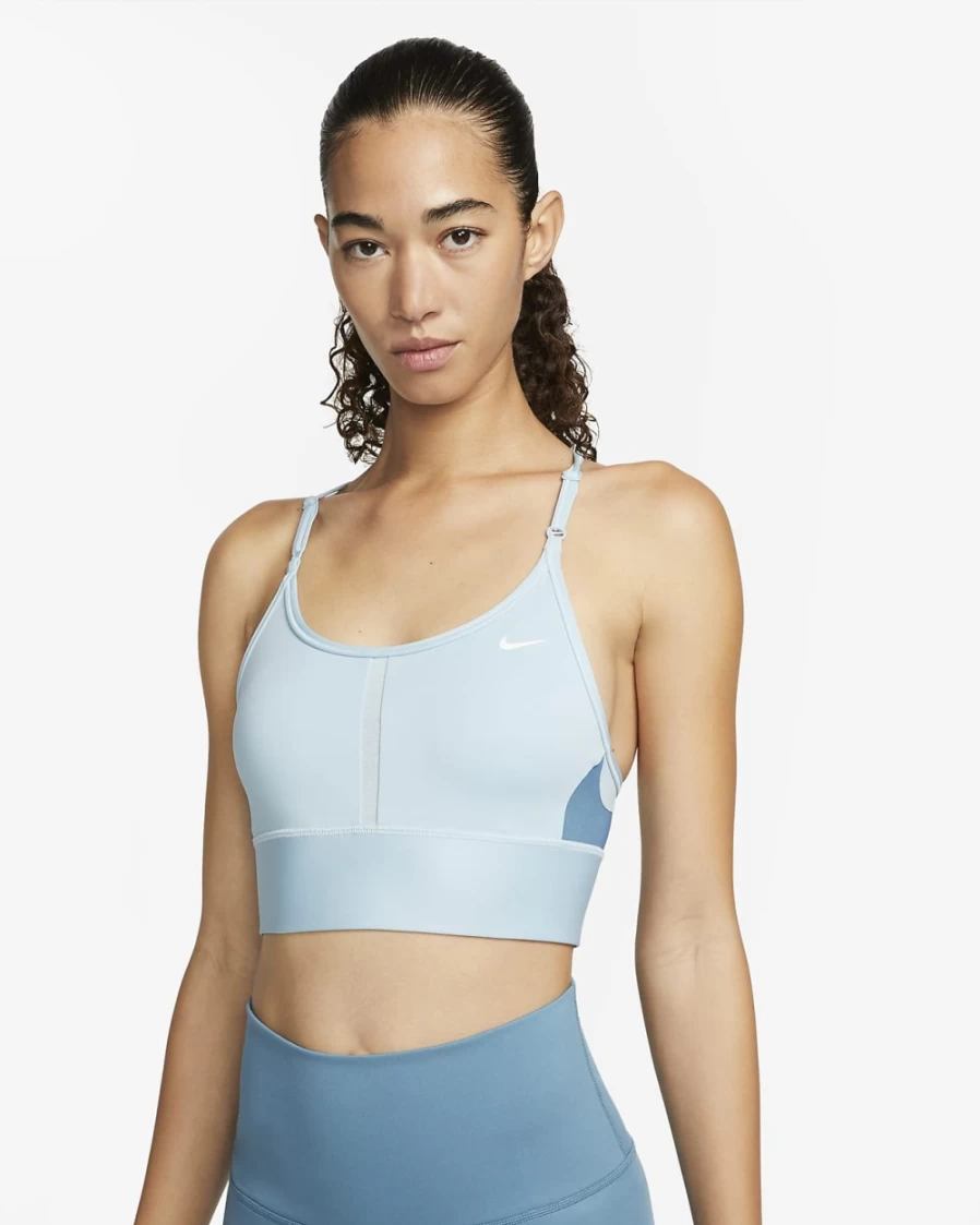 Nike Indy Women's Light-Support Longline Sports Bra - Ocean Bliss/Noise Aqua/White - Padded Workout Top for Running & Fitness