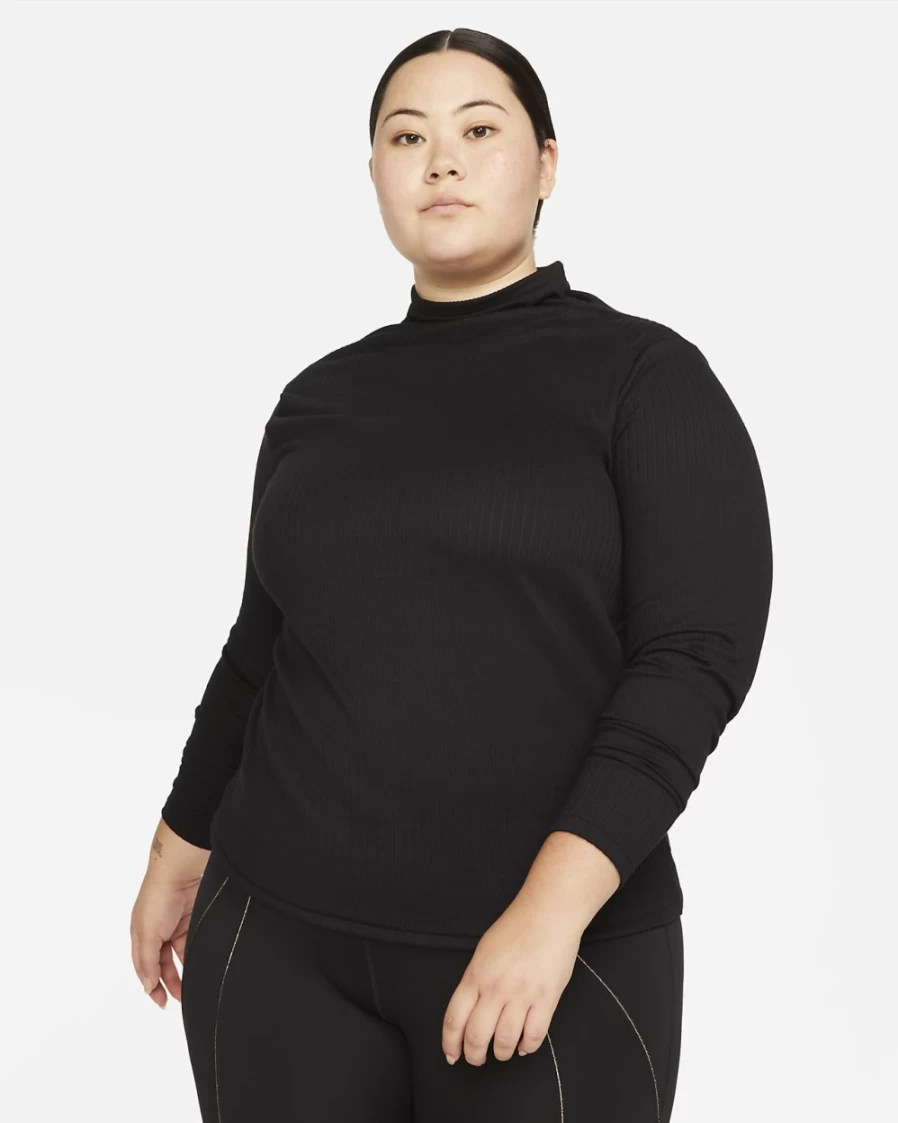 Nike Women's Plus Size Long-Sleeve Yoga Top - Dri-FIT Ribbed Design in Black/Dark Smoke Grey