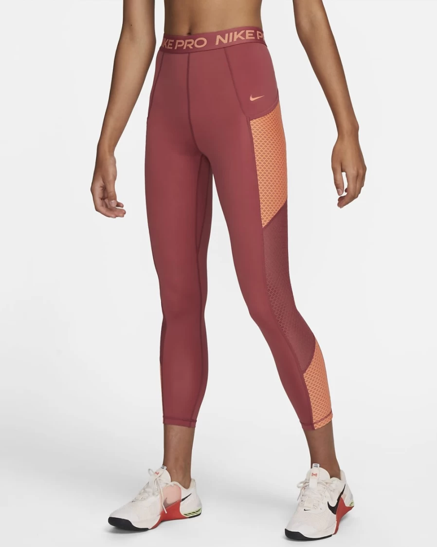 Nike Pro Women's High-Waisted 7/8 Workout Leggings with Pockets - Canyon Rust/Orange Trance Fitness Yoga Running Tights