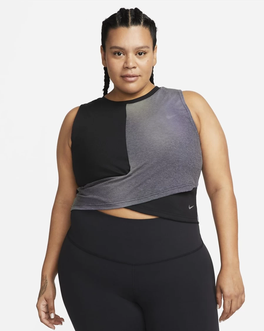 Nike Dri-FIT Women's Plus Size Yoga Tank Top in Off Noir/Black - Breathable Printed Workout Shirt