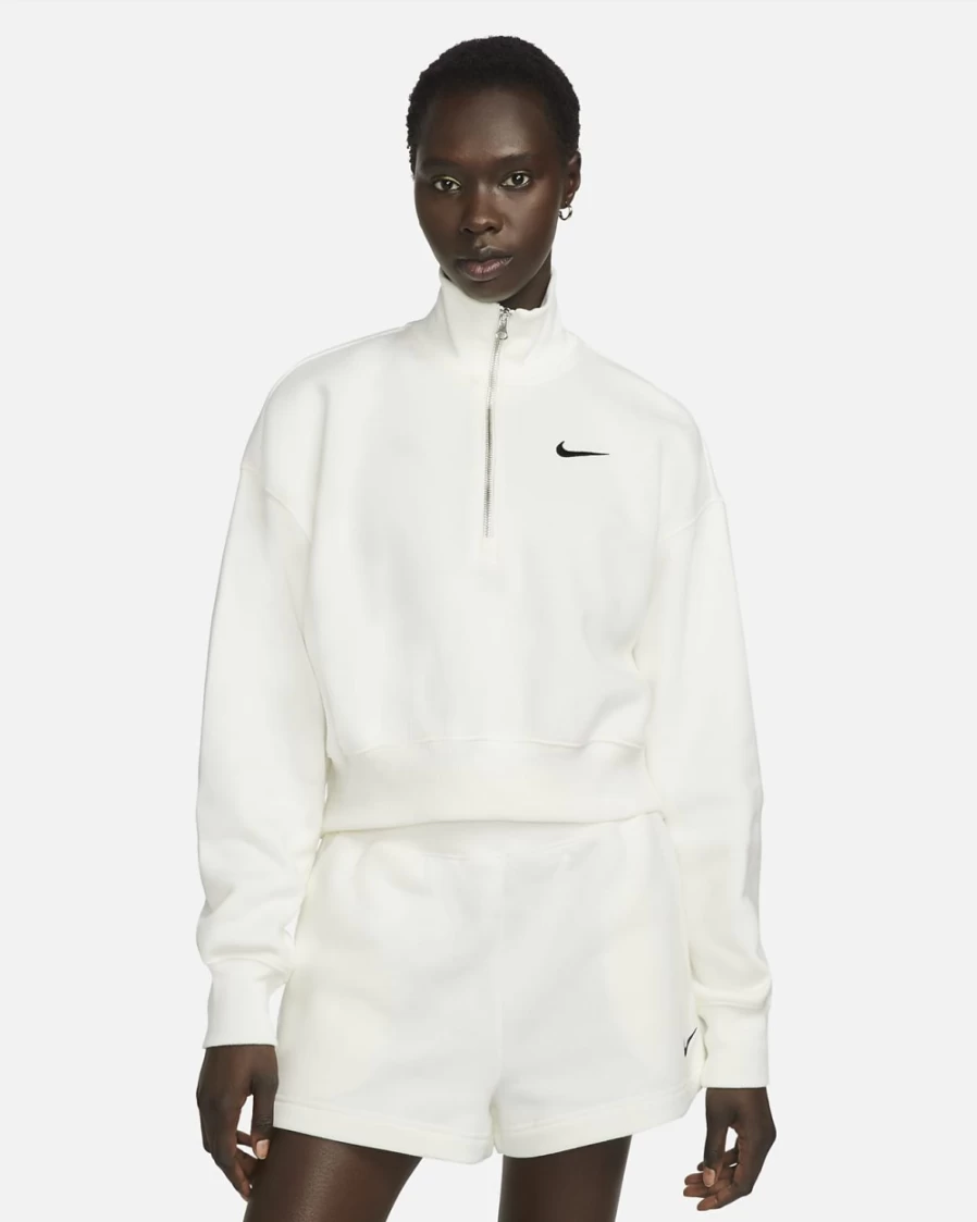Nike Women's Oversized Sail/Black Phoenix Fleece 1/2-Zip Crop Sweatshirt | Sportswear Collection