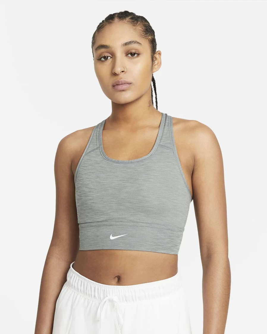 Nike Swoosh Women's Medium-Support Longline Sports Bra in Smoke Grey/Heather/White - Padded 1-Piece Workout Top
