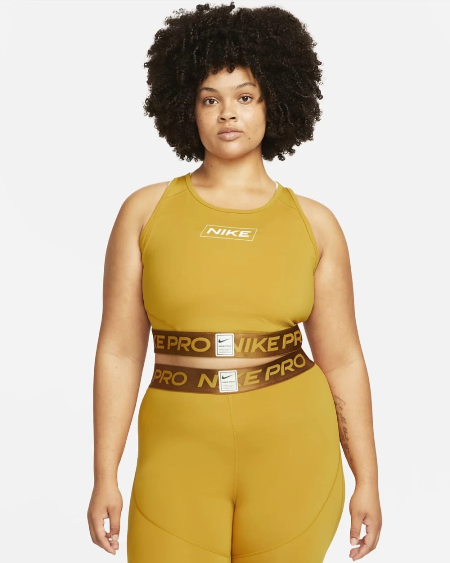 Nike Pro Dri-FIT Women's Plus Size Graphic Crop Tank - Gold Suede, Ale Brown, Barely Green
