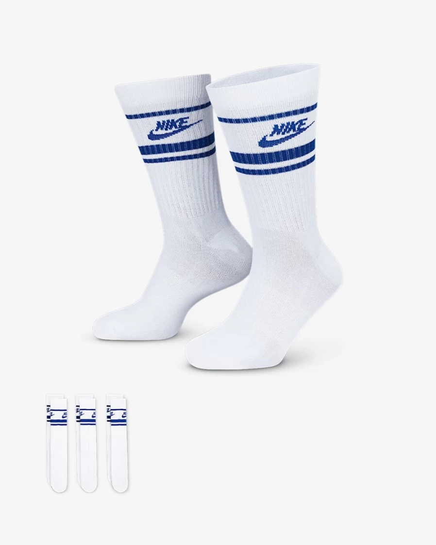 Nike Everyday Essential Crew Socks 3-Pack for Men & Women - White/Game Royal Athletic Sports Socks