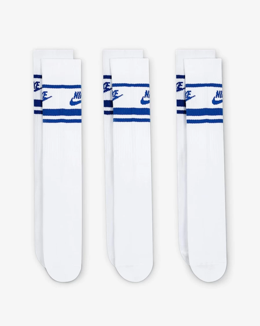 Nike Everyday Essential Crew Socks 3-Pack for Men & Women - White/Game Royal Athletic Sports Socks
