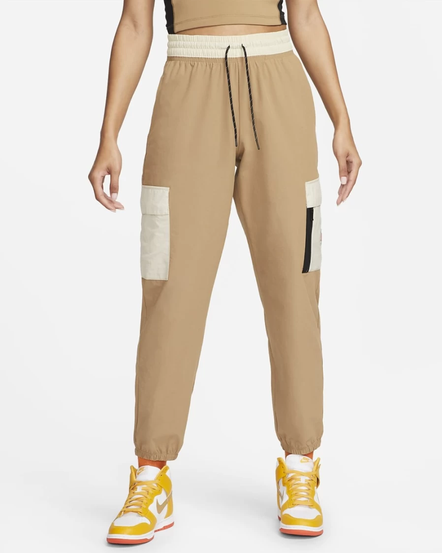Nike Women's Dark Driftwood Woven Cargo Pants - Sportswear Utility Pants in Rattan & Safety Orange