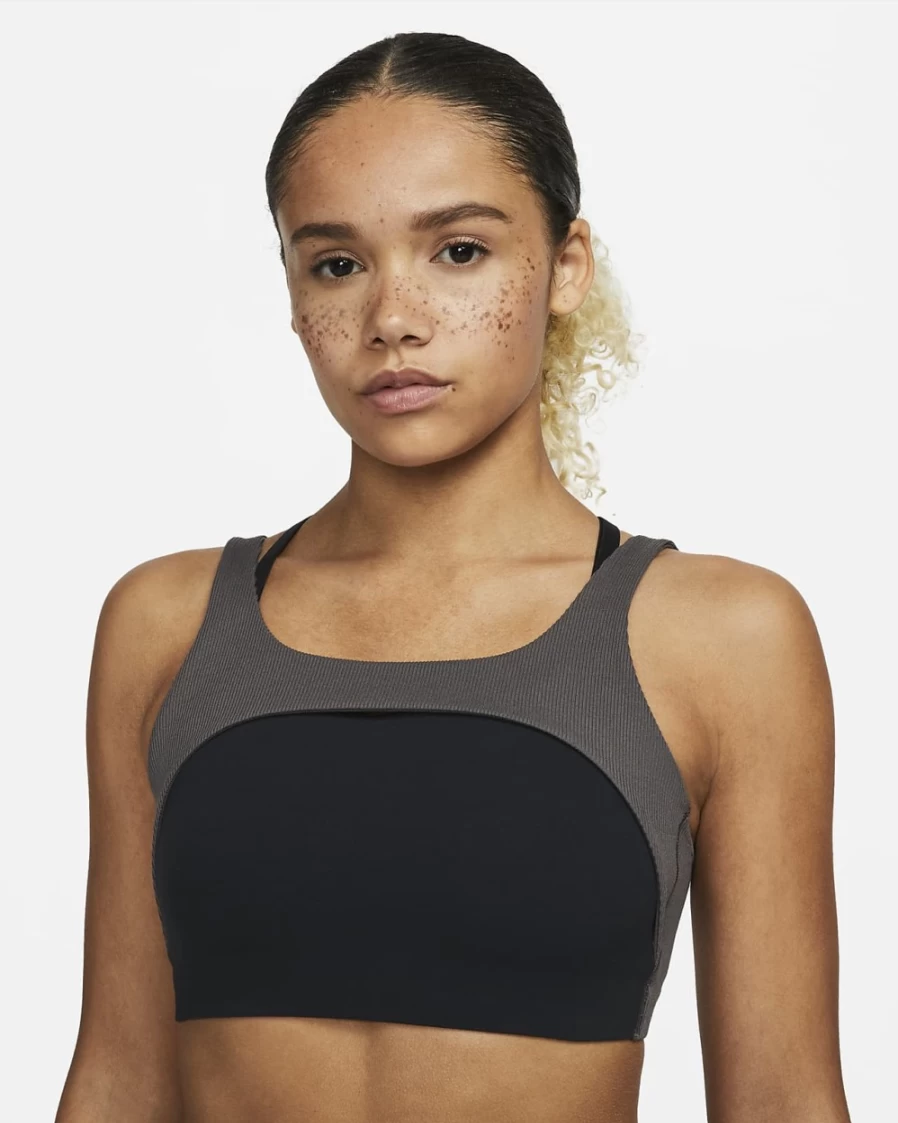 Nike Women's Yoga Indy Light-Support Sports Bra - Lightly Lined, Ribbed Design in Black/Medium Ash/Iron Grey