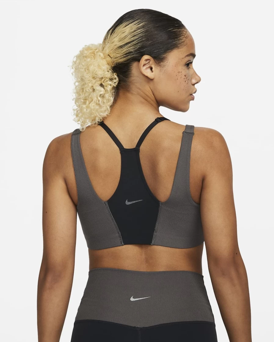 Nike Women's Yoga Indy Light-Support Sports Bra - Lightly Lined, Ribbed Design in Black/Medium Ash/Iron Grey